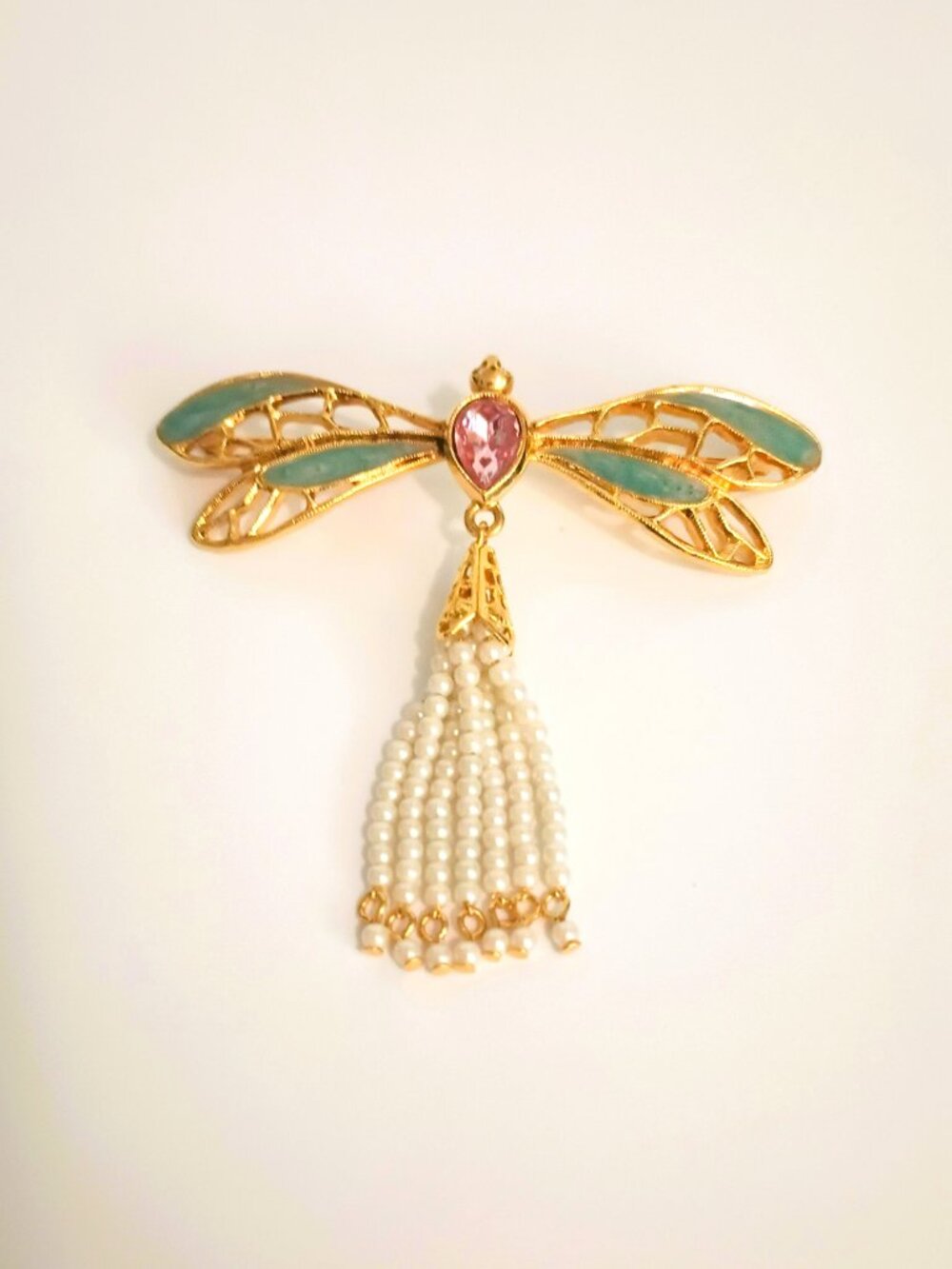 Gold Enamel Dragonfly Brooch Pink Teardrop Rhinestone Faux Pearl Large Avon Pin